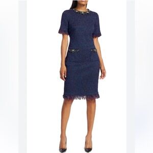 Teri Jon Rickie Freeman Embellished Tweed Sheath Navy Cocktail Dress Size 6